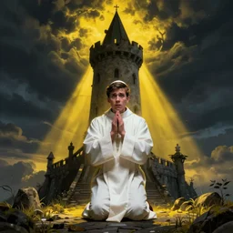 A terrified young catholic priest kneeled in passionate prayer at the summit of a tall medieval tower. Eyes are wide open with fear looking straight at the camera. Dressed in white. An ominous yellow shadow is descending upon him from the night sky. Award-winning digital art, trending on ArtStation