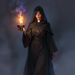 ( a priestess with a hood that covers half her face carries an incense burner that emits a pleasantly colored flame. ) by anato finnstark, dream, full body portrait, dynamic lighting, beautiful, trending on artstation, wallpaper, 4 k, award winning, digital art, very detailed faces