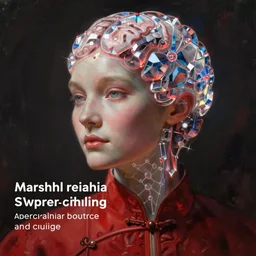 detailed art on artstation, portrait of a benevolent post-human super-intelligence, the marshall values justice and courage, dressed in red clothes with a crystalline neural lace