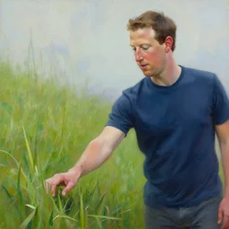 artistic oil painting of mark zuckerberg, he is touching grass