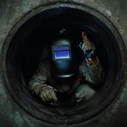 welder wearing welding mask hiding in a sewage pipe, ominous lighting, by richard avedon, cinestill colour, anamorphic, cinematic stock