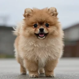 portrait photo of a small happy chunky fluffy pomeranian puppy looking into the camera, indoors, f 1. 4, golden ratio, overcast day