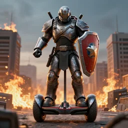 Heavily armored soldier with a shield riding a hoverboard with several buildings on fire behind him, cinematic lighting, highly detailed, 8k octane render