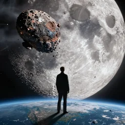 standing on earth looking at the moon in the distance seeing a huge asteroid destroying the moon, a lot of flying debris, greg rutkowski, 8 k, shallow depth of field, ultra high detail, concept art,