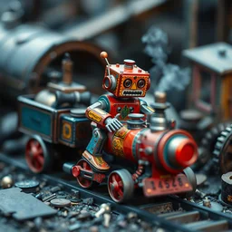 kodak portra 4 0 0, wetplate, muted colours, blueberry, action photography, 1 9 2 0 s, long shot, macro photo of a colourful tin toy robot running a smoking steam engine on a steampunk junkyard, motion blur, tiny gaussian blur, depth of field