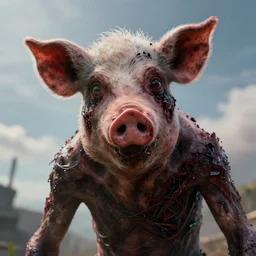 post apocalyptic half burned zombie with pig nose, horror, details face, photo, bloody eyes, unreal engine, digital, artstation, detailed body, heavenly atmosphere, digital art, overdetailed art, trending on artstation, cgstudio, the most beautiful image ever created, dramatic, award winning artwork, beautiful scenery