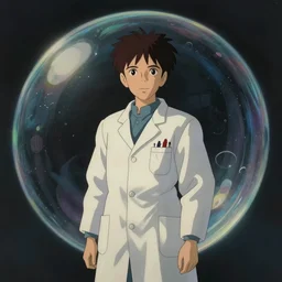 hyperrealist, studio ghibli dull colors portrait from close encounters of the third kind 1 9 7 7 of a young scientist standing in a cubic bubble sky.
