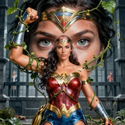 poison ivy battle pose Wonder Woman wrapped up in vines, illustration, realistic eyes, artstation, cinematic lighting, hyperdetailed, detailed realistic symmetrical eyes, cgsociety, 8k, high resolution, Charlie Bowater, Tom Bagshaw, Norman Rockwell,Anne Stokes, insanely detailed and intricate, prison background