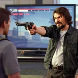 joseph stalin pointing a gun at person in GTA V loading screen, HD