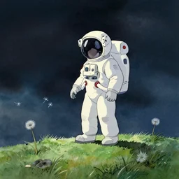 a wholesome animation key shot of a lonely astronaut taking the first step on the grass moon, studio ghibli, pixar and disney animation, sharp, disney concept art watercolor illustration by mandy jurgens and alphonse mucha and alena aenami, pastel color palette, dandelion seeds float, gloomy, dramatic lighting