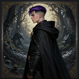 side portrait crow, adventurer outfit large cloak, fantasy forest landscape, dragon scales, fantasy magic, undercut hairstyle, short purple black fade hair, dark light night, intricate, elegant, sharp focus, illustration, highly detailed, digital painting, concept art, matte, art by WLOP and Artgerm and Greg Rutkowski and Alphonse Mucha, masterpiece