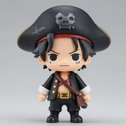 nendoroid black beard the pirate, with the face of taika waititi, pirate costume, black grey curvy hair, taika waititi, pirate