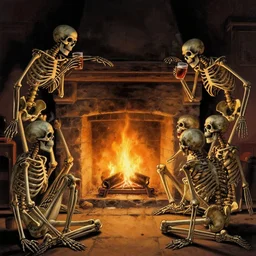 A group of skeletons drinking by a fireplace by Wayne Barlowe