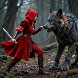 photo of red riding hood warrior fights a werewolf, highly detailed, dramatic lighting, cinematic, 4k
