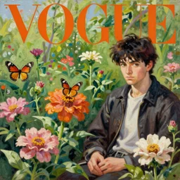 flower garden, butterflies, vogue magazine, greg rutkowski, anime, john singer sargent, trending on artstation, oil painting, intricate