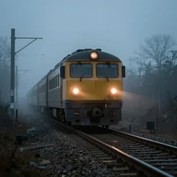 a train approaching on a foggy evening, horror movie cinematography