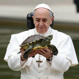 pope holding a pond turtle, photography, Canon eos r3, 8k resolution