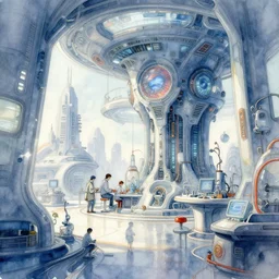 an artificial intelligence laboratory futuristic utopia sci - fi highly detailed digital painting watercolor illustration concept art