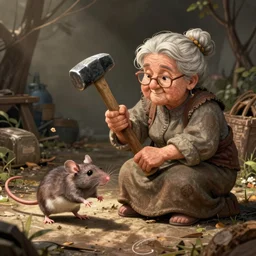 rat slamming a hammer on a granny, detailed cartoon illustration