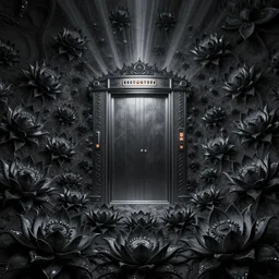 a detailed fractal picture of the elevator to hell surrounded by a field of black lotus flowers with petals in a fibonacci sequence, in the style of magic the gathering, highly detailed, digital painting, god rays, volumetric lighting, octane render, 4 k resolution, art by rembrandt and caravaggio