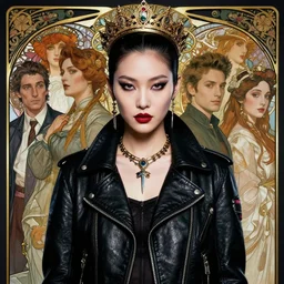 portrait of a beautiful cyberpunk punk rock asian woman wearing a leather jacket, beautiful symmetrical face, fantasy, regal, by stanley artgerm lau, greg rutkowski, thomas kindkade, alphonse mucha, loish, norman rockwell.