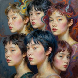 fantastic amateur beautiful asian women with short hair into fluid infinity variations of colours mass, close - up, piotr jablonski, jeff dekal, jeff simpson, intricate details, hyperrealistic oil painting on canvas, deep depth field, hd, hdr, 4 k, 8 k