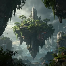 of a sci-fi city's floating in the sky with trees, unreal engine 5, realistic, sci-fi, trending on artstation, dark fantasy,-n6