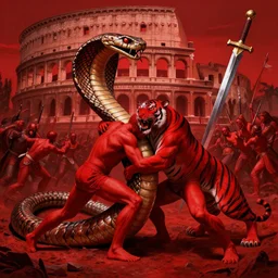 only with red, ney matogrosso wrestling with a giant cobra, a red tiger, in hoc signo vinces, 2 0 3 0 rome in background, an ancient sword and battle, in the style of beksinski, part by hopper, part by rodcenko, part by hofbauer, intricate composition, red by caravaggio, insanely quality, highly detailed, masterpiece, red light, artstation