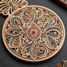 a stunning ultra detailed intricate lasercut wooden relief sculpture made of tiny repetitive colorful paisley patterns, curvy fractals, by gabriel shama, balinese woodwork, artstation, deep depth of field, volumetric lighting, 3 d model, 8 k, dark background, 2 0 mm lens