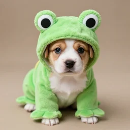 puppy in a soft cloth frog suit