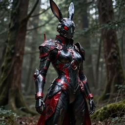 Full body portrait of a cyborg rabbit assassin standing in the forest, in black carbon and red fiber sci-fi armor, light coming off of the armor, tech wear, sci-fi, intricate, elegant, highly detailed, digital painting, artstation, concept art, smooth, sharp focus, illustration, trending on art station, dynamic lighting, cinematic, ultra detailed, fantasy concept art