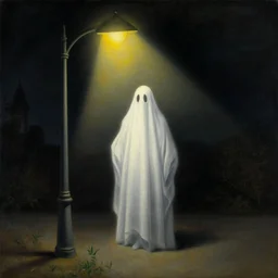 a ghost under a streetlight at night by rene magritte, detailed painting, hd, hq, high resolution, high detail, 4 k, 8 k