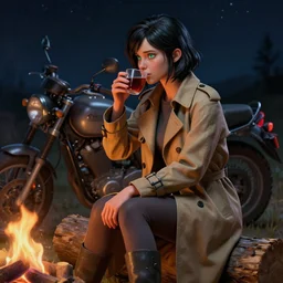 realistic style at CGSociety by WLOP,ilya kuvshinov,krenz cushart,Greg Rutkowski,trending on artstation.Zbrush sculpt colored,Octane render in Maya,Houdini VFX.A girl with short black hair and green eyes in a tan trenchcoat sitting on a log and drinking tea by the campfire by her motorcycle at night under the stars,silky hair, deep eyes.Oil painting.Cinematic dramatic atmosphere,sharp focus,soft volumetric studio lighting.