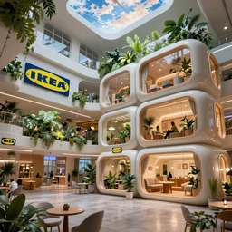 very wide cinematic shot inside a scifi combination of capsule hotel!! and shopping mall as ikea ad, modern lush condo as shopfront, terrarium lounge area, very tall cathedral ceiling with sky art, detailed archviz render, archdaily, scifi artstation concept, comfy lighting, mass effect, fine details, unreal engine, hyperrealism, realistic shading, blender render