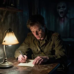 real life full portrait by beksinski, junji ito, artgerm ; matt damon as an american world war 2 sergeant delirious while writing letter under table lamp, alone at night, in haunted cabin, year 1 9 4 2, scary, horror, 8 k resolution, cinematic dramatic lighting, extremely detailed, sharp focus, unreal engine, hdr colors