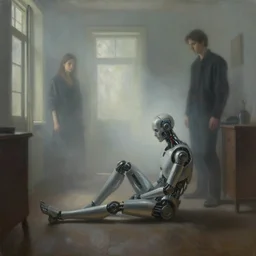 a cyborg sitting on the floor, inside an old apartment, dystopian aesthetics, detailed oil painting, misty, ethereal, dramatic lighting, ominous, by craig mullins and ruan jia and jeremy mann