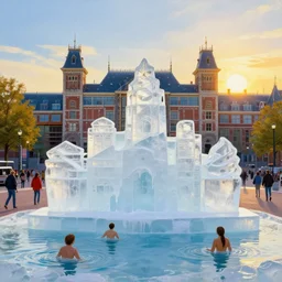 a painting of a ice sculpture made of melting icecream in the shape of the skyline of amsterdam museum square and amsterdam houses on a very sunny bright summer sunset day, very hot and the ice is melting fast and people are swimming in the icecream in the style of james jean and fernando botero