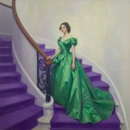 a painting of a woman in green, gown down circular stairs with purple carpet