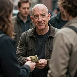 jeff bezos as a homeless person, begging for some cash from the passers - by