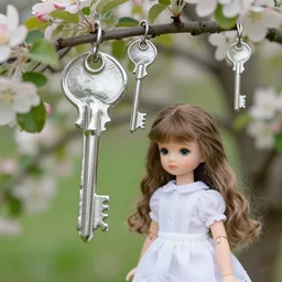 an apple tree with large silver keys hanging from it. a girl who looks like a doll