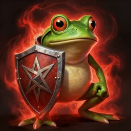 magic : the gathering fantasy character concept art by franz frazetta, high resolution. a clear portrait of pepe the frog, holding a buckler shield with a pentagram on it, radiating a red arcane energy aura, gritty coloring, intricate, digital painting, artstation, smooth, sharp focus