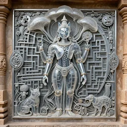 epic Khajuraho, godes, Shiva, translucent, SSS, transparent, xray, vaporwave, flat shaped chrome relief, fossil, mechanic bionic fungus flower cyberpunk cats skeleton mechabot, maze, wires, chrome tubes, joints, buttons, gears, dissection relief, , by william adolphe bouguereau, by Lorenzo Ghiberti, by Goga Tandashvili, artstation, cgsociety, at Khajuraho, by jonathan ivy, by artgerm, by david lachapelle