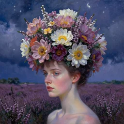 closeup, massive flowers as head mohawk, woman in heather field, surreal photography, starlight, storm clouds, impressionist painting, digital painting, artstation, simon stalenhag