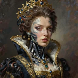 painted close - up portrait of an attractive female cyborg with tattooed face! oil painting, wearing a noblewoman's outfit, fantasy art by greg rutkowski and john singer sargent and gaston bussiere and greg rutkowski, xenomorph noble character design, hd