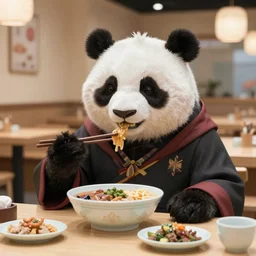 a portrait an anthropomorphic panda mage eating chinese food, wearing mage robes, restaurant in background, cute and adorable, dnd character art portrait, well rendered matte fantasy painting, deviantart artstation, by jason felix by steve argyle by tyler jacobson by peter mohrbacher, cinematic lighting