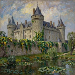 wide - shot of high medieval castle in the middle of plateau!!!, crawling grape vines!!! on the stone wall, pond with water lilies!!!, linden trees, highly detailed, ominous, digital art, masterpiece, matte painting, sharp focus, matte painting, by isaac levitan, monet, asher brown durand, hd, hq, 8 k