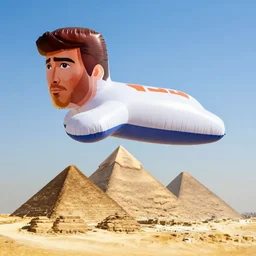 photo of inflatable tom cruise floating above the pyramids