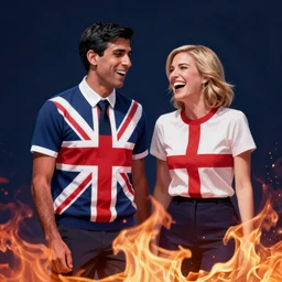 rishi sunak and liz truss laughing, wearing union jack clothes, they are both on fire, studio photograph, dramatic llghting