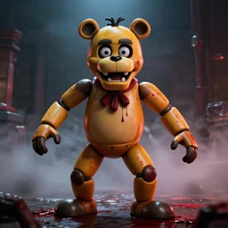 portrait, freddy fazbear, FNAF,  game screenshot, dramatic lighting, blood, cinematic, fog, establishing shot, action shot, dynamic pose