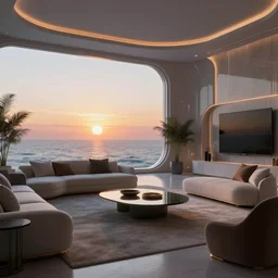futuristic virtual room, crisp, artstation, luxury, beautiful, dim painterly volumetric aquatic sunset lighting